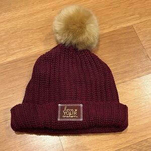 Love Your Melon Burgundy Knit Beanie with Tan Pom